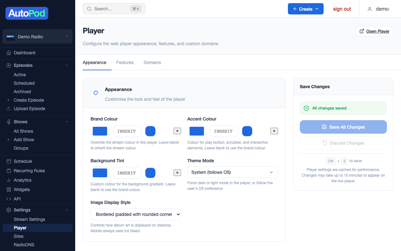 Player settings page