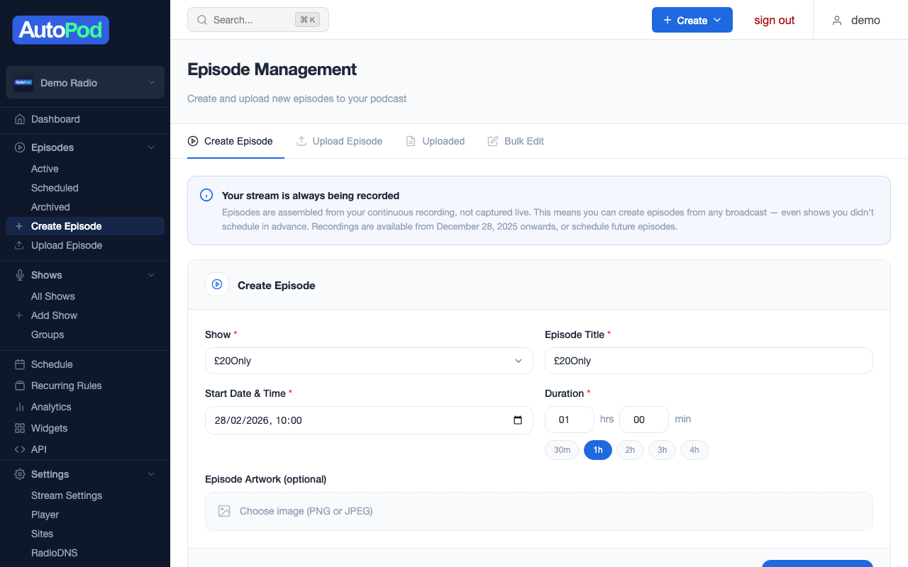 Create episode from recording form